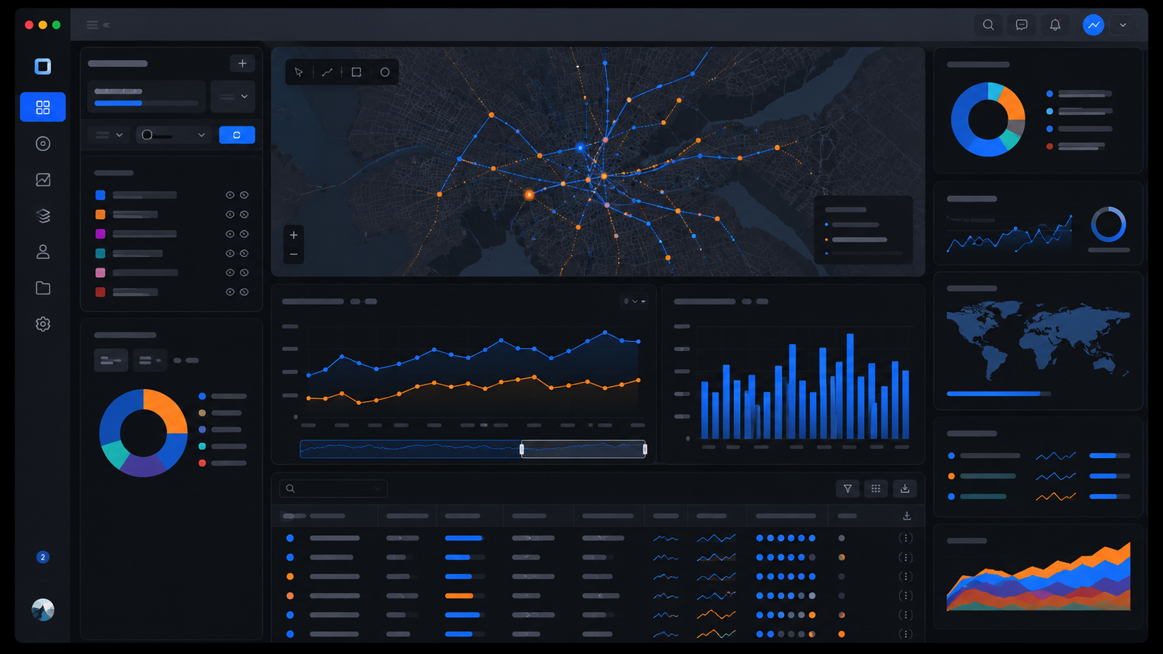 Decision Studio dark command dashboard with map, network, charts, and mission indicators